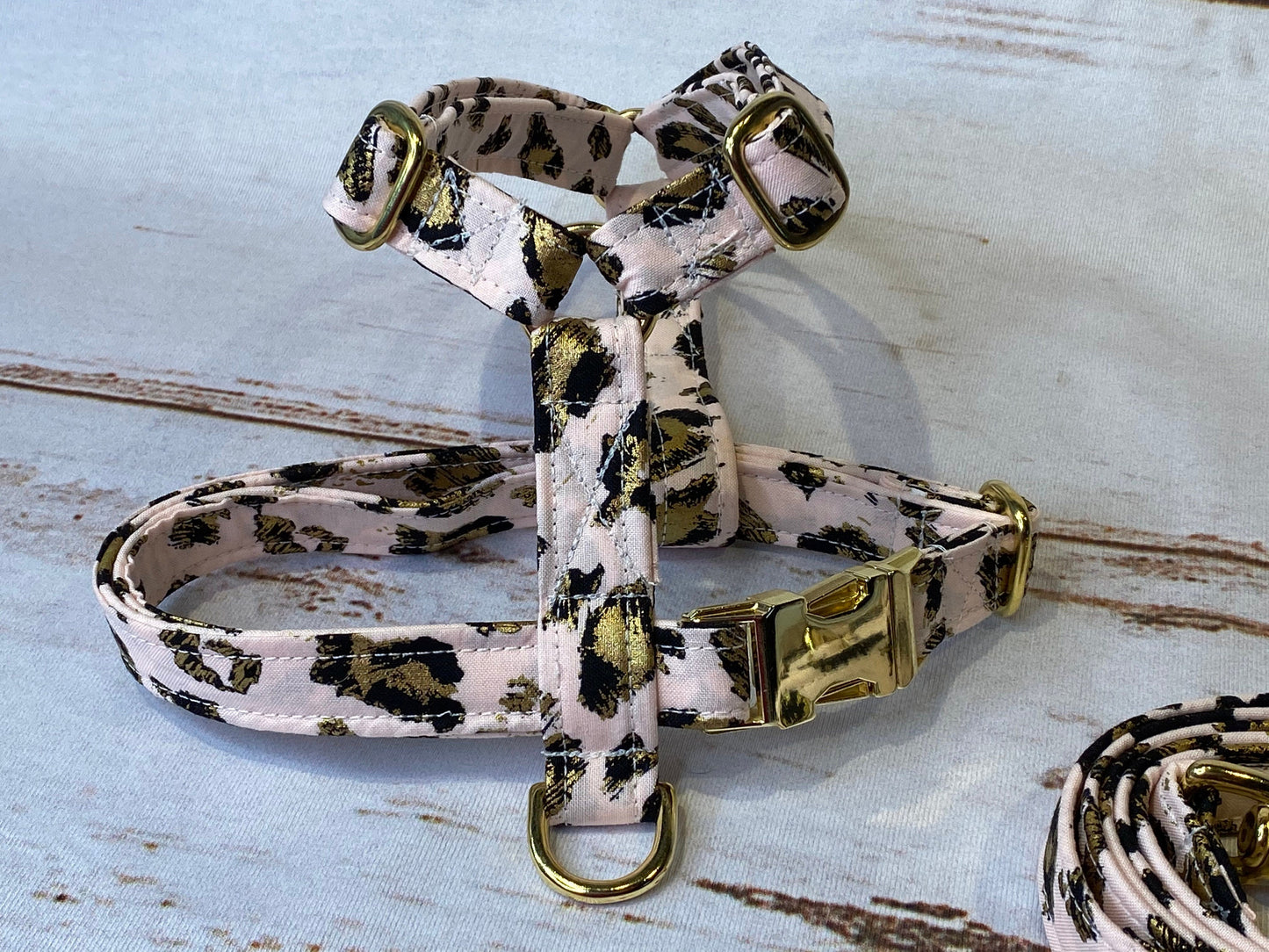 Dog harness, Harness and leash, step in harness, standard harness, dog harness set, brass hardware, pink leopard, adjustable dog harness