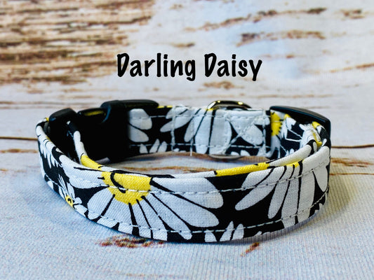 Daisy dog collar, girl dog collar, adjustable collar, washable collar, fabric dog collar, eco friendly, daisies, black, white, yellow, dog