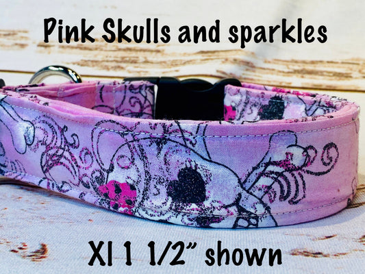 Pink skull dog collar, wide dog collar, girly skull, sparkles, side release collar, adjustable collar, pink, skull, washable, fabric collar