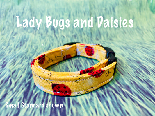 Lady bug dog collar, daisy dog collar, adjustable collar, side release collar, yellow, dog collar, girl dog collar, lady bugs, daisies,