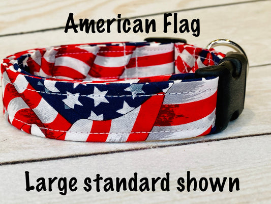 American flag dog collar, waving American flag, dog collar, flag dog collar, red, white, blue, USA flag, adjustable, washable, eco friendly