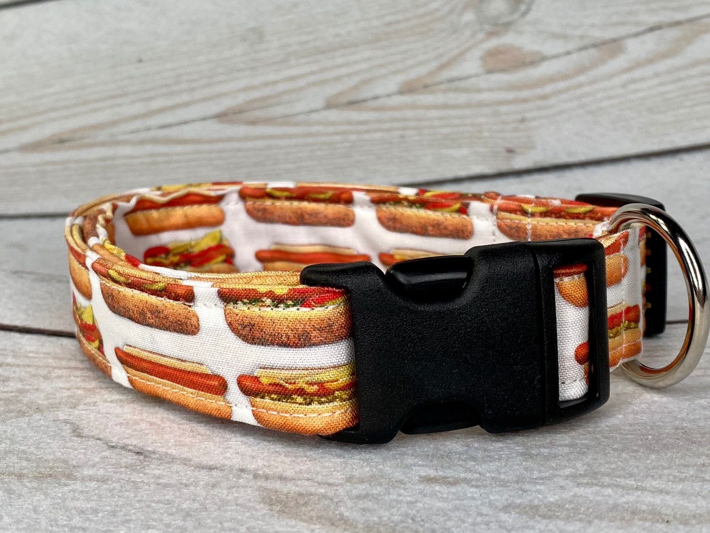 Dog collar, funny dog collar, hot dog collar, food dog collar with hot dogs, hot dog lover, adjustable dog collar, fabric dog collar