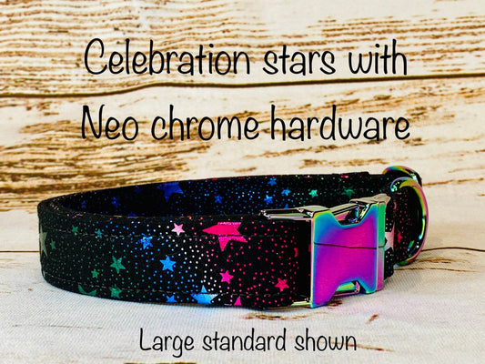 Dog Collar, adjustable dog collar, star dog collar, metal buckle, neo chrome, buckle dog collar, rainbow hardware, celebration stars