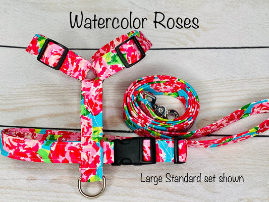 Dog harness, harness and leash, step in harness, standard harness, adjustable harness, dog harness set, watercolor flowers, floral harness