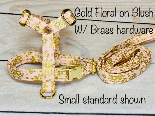 Dog harness, Harness and leash set, step in harness, standard harness, dog harness set, brass hardware, blush pink, adjustable dog harness