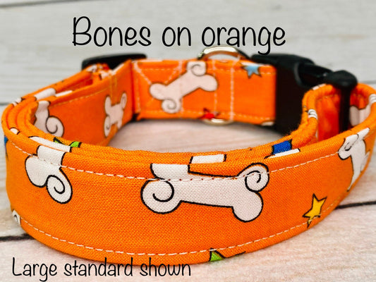 Dog Collar, orange dog collar, boy dog collar, side release, adjustable collar, nylon collar,washable collar, orange bones, dog bone