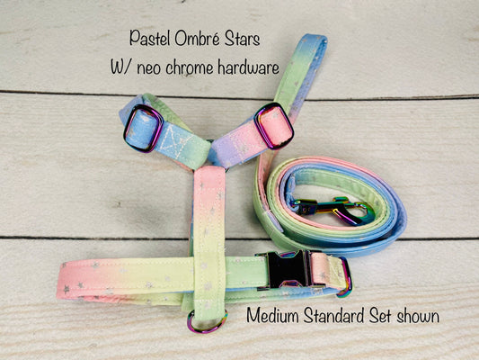 Ombre stars dog Harness and leash set with neo chrome hardware, step in harness, standard harness, dog harness set, Neo chrome hardware, pastel stars, ombré