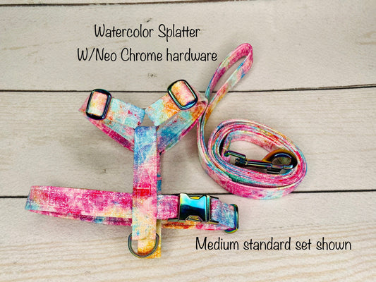 Dog harness, dog Harness and leash set, step in harness, standard harness, dog harness set, Neo chrome hardware, watercolor splatter