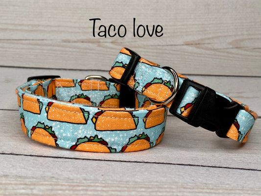 Taco dog collar, food dog collar, funny dog collar, side release collar, adjustable dog collar, washable, fabric dog collar, blue, tacos,