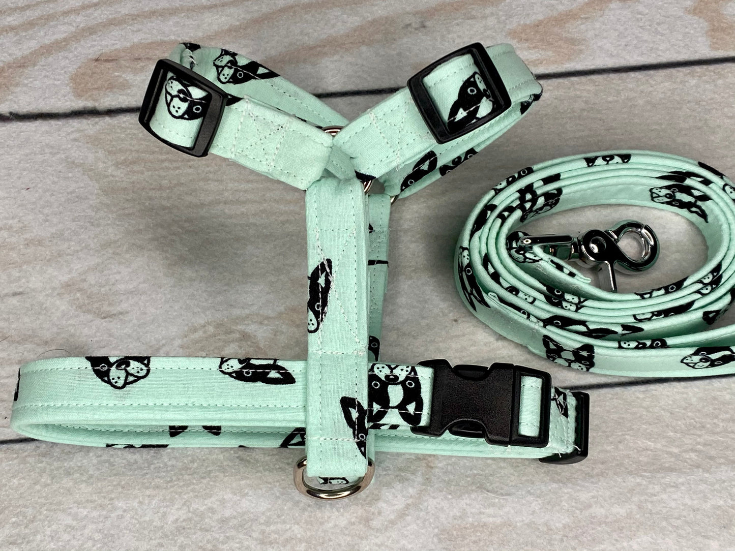 Dog harness, Harness and leash set, step in harness, standard harness, matching leash, adjustable harness, boston terrier, mint green