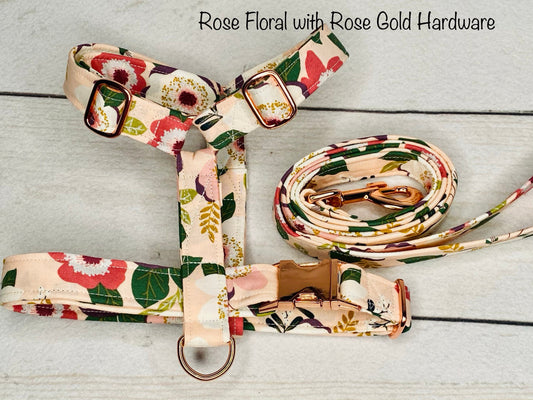 Dog harness, Harness and leash, step in harness, standard harness, dog harness set, rose gold, rose gold hardware, floral dog harness