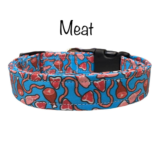 Meat dog collar, funny dog collar, food dog collar, side release collar, adjustable, washable, steak, ham, bacon, blue, fabric collar, meat