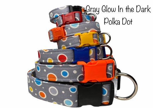 Dog collar, polka dot dog collar, gray, orange, red, blue, yellow, red,  glow in the dark dog collar, adjustable, nylon dog collar, unisex