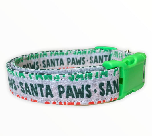 Dog collar, Christmas dog collar, Santa paws dog collar, fabric dog collar, adjustable, nylon dog collar, green, red, Santa paws, Christmas