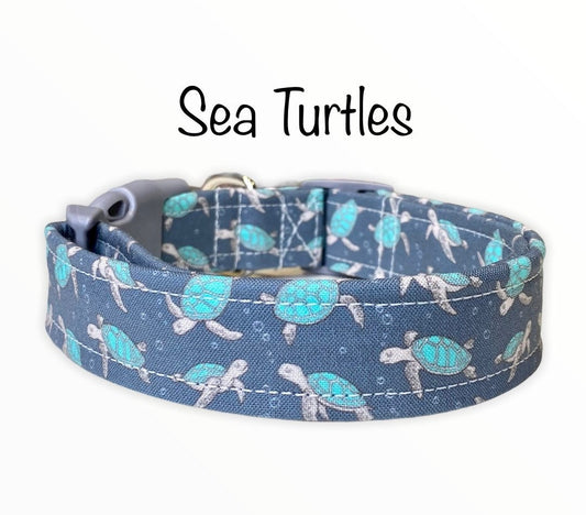 Dog collar, turtle dog collar, sea turtle dog collar, fabric dog collar, adjustable, nylon dog collar, unisex, side release
