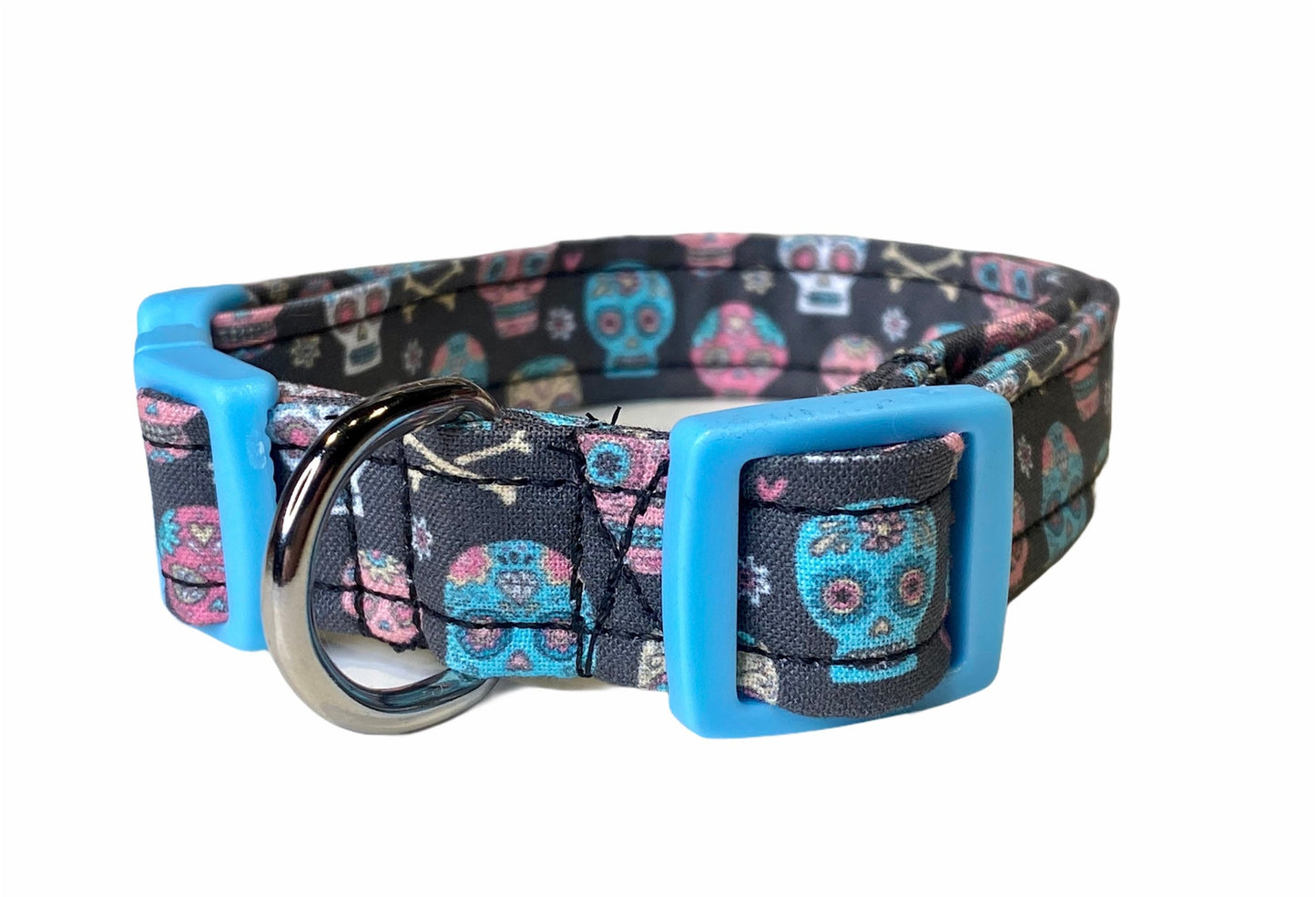 Dog collar, skull dog collar, sugar skull dog collar, fabric dog collar, day of the dead dog collar, custom dog collar, colored buckles