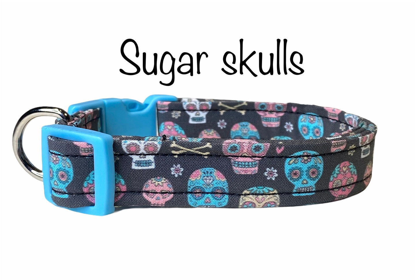 Dog collar, skull dog collar, sugar skull dog collar, fabric dog collar, day of the dead dog collar, custom dog collar, colored buckles