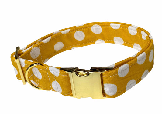 Dog collar, mustard yellow dog collar, Polka dot dog collar, mustard yellow polka dot, custom dog collar, fabric dog collar, metal buckle