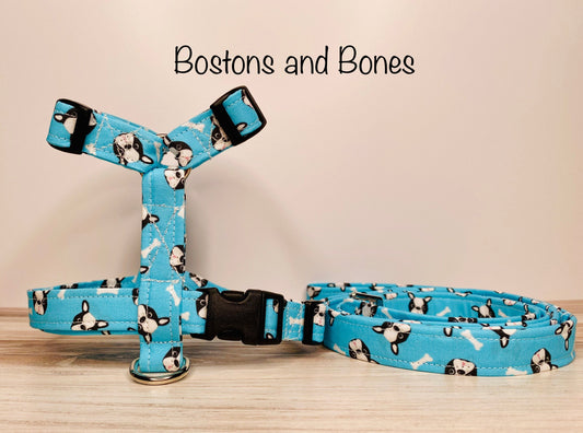 Boston terrier dog harness and leash set, standard roman dog harness, step in dog harness, boston terrier print, matching leash, adjustable washable pet harness, handmade