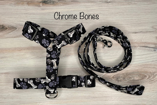 Chrome bone dog harness and leash set, standard roman dog harness, step in dog harness, handmade dog harness, matching leash, black bone print