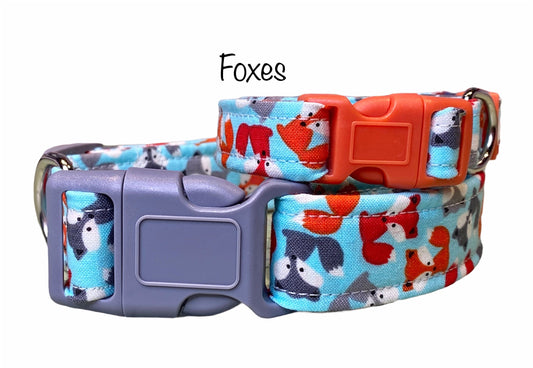 Dog Collar, girl dog collar, boy dog collar, fox dog collar, adjustable collar, fabric dog collar, fox, foxes, tiny foxes, orange, gray