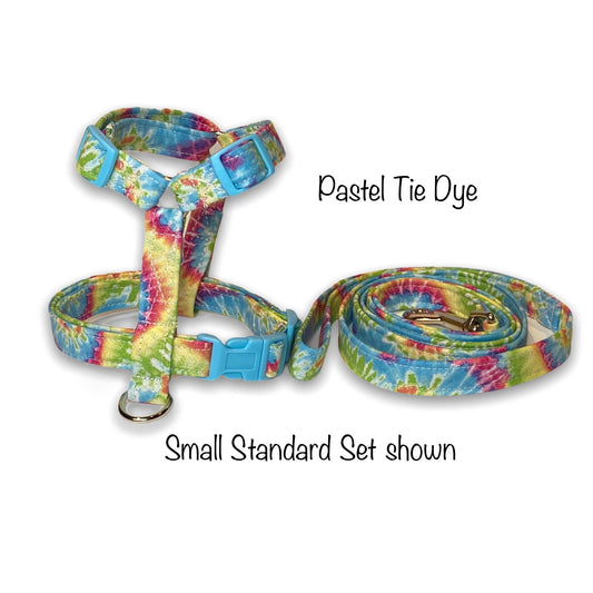 Tie dye dog harness, dog harness and leash set, pastel tie dye, step in harness, standard Roman harness, adjustable, washable, dog harness