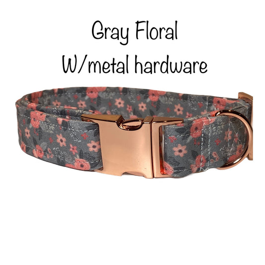 Gray floral dog collar, rose gold, metal hardware, eco friendly, washable, adjustable, floral dog collar, gray floral, dog collar girl, rose