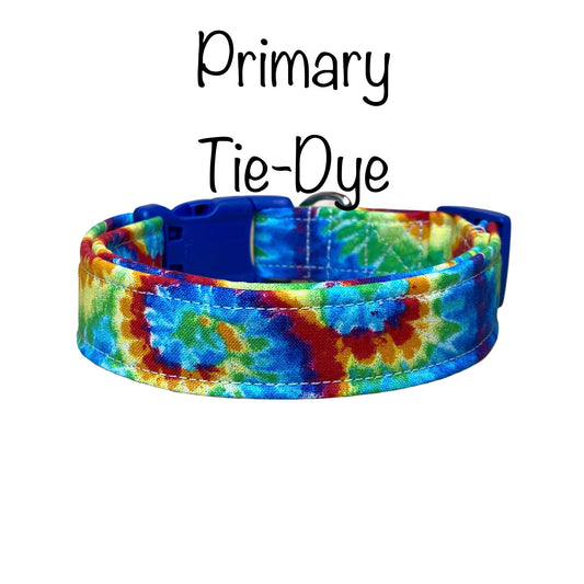Bright tie dye dog collar, dog collar, cat collar, tie dye, hippy dog collar, red, green, yellow, blue, adjustable, washable, eco friendly