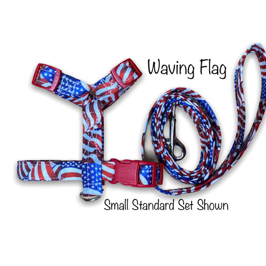 American flag dog harness and leash set, standard Roman dog harness, step in dog harness, adjustable, washable, soft, American flag, harness