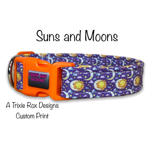 Sun and moon dog collar, celestial, purple, fabric dog collar, cat collar, eco friendly adjustable, washable, side release, purple collar