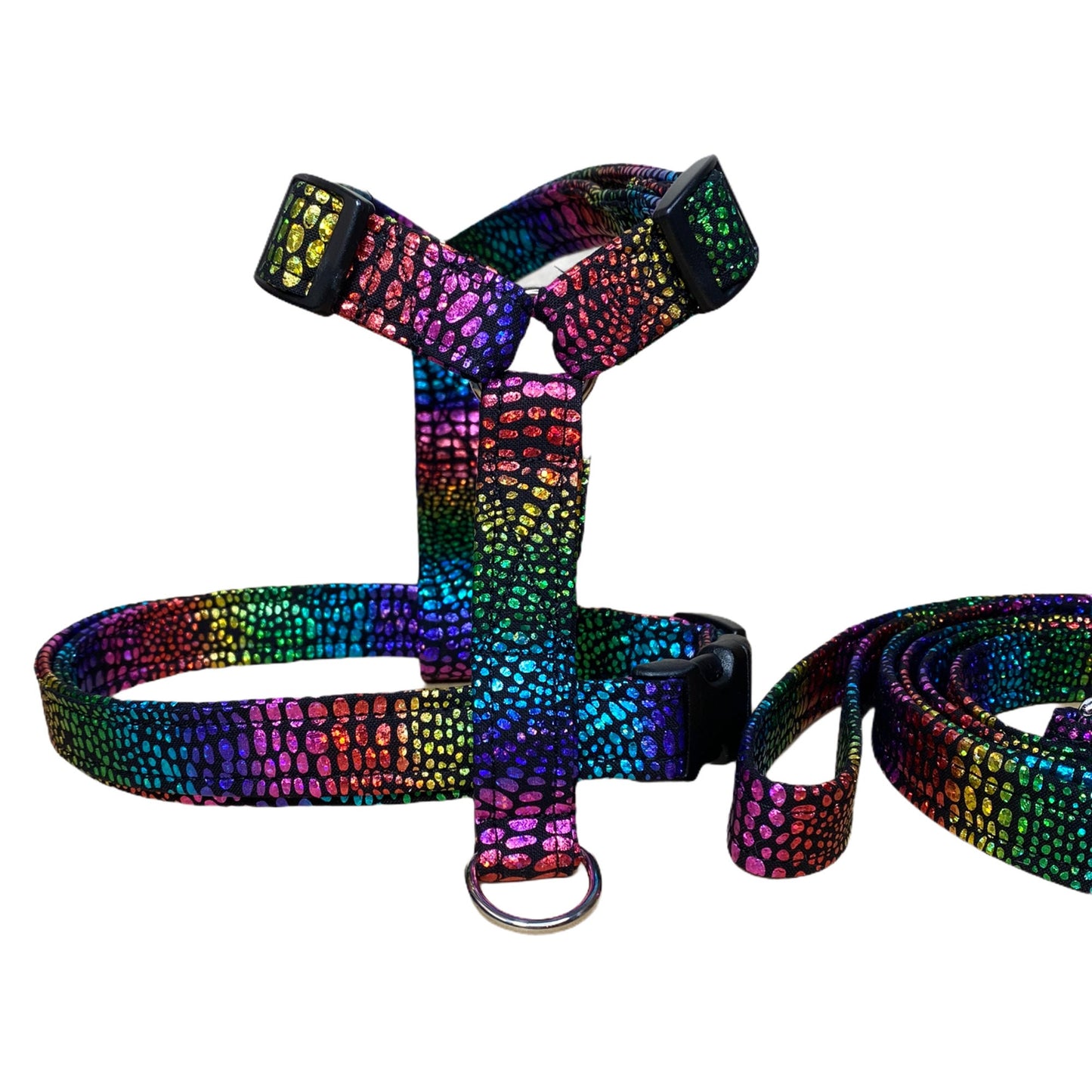 Snake dog harness and leash set, standard Roman harness, step in harness, dog harness, adjustable dog harness, Rainbow, snake skin print