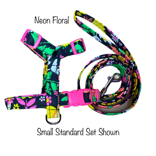 Neon floral dog harness and leash set, standard Roman dog harness, step in dog harness, adjustable, washable, dog harness, floral, neon