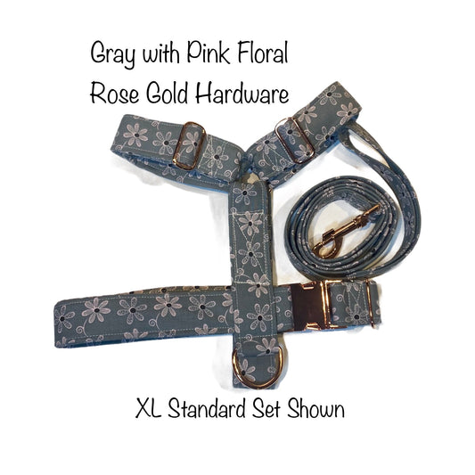 Gray and rose gold dog harness and leash set, standard Roman harness, step in harness, gray dog harness, adjustable dog harness, rose gold