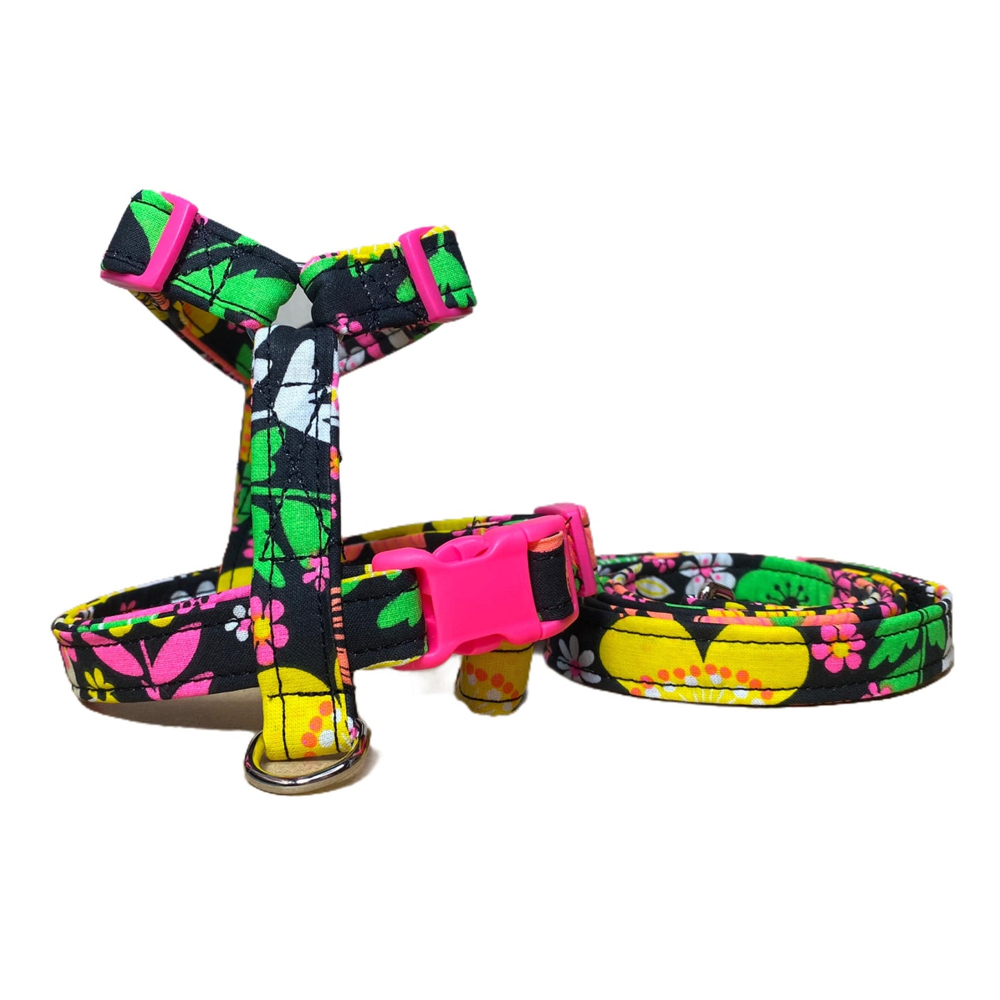 Neon floral dog harness and leash set, standard Roman dog harness, step in dog harness, adjustable, washable, dog harness, floral, neon