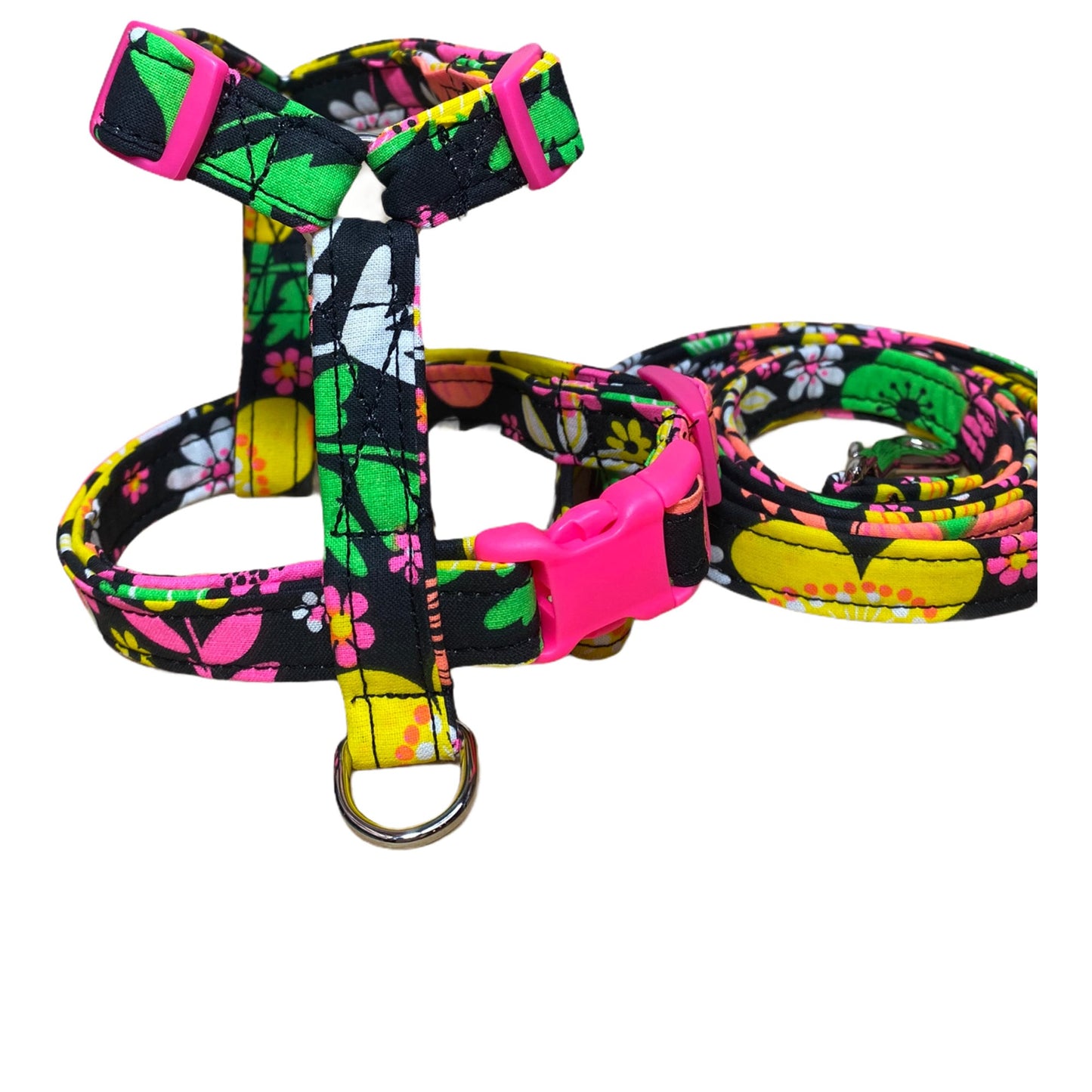 Neon floral dog harness and leash set, standard Roman dog harness, step in dog harness, adjustable, washable, dog harness, floral, neon