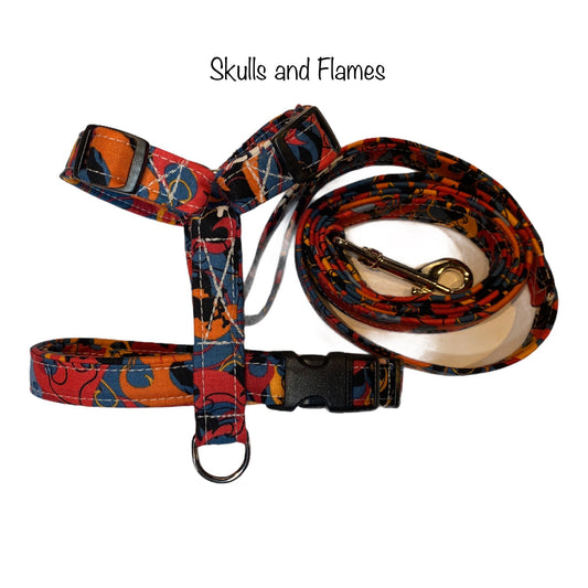 Flames and skull dog harness and leash set, adjustable dog harness, standard Roman harness, step in harness, washable dog harness, red, gray