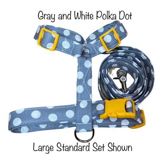 Gray polka dot dog harness and leash set, standard Roman harness, step in harness, adjustable dog harness, washable dog harness, gray, white