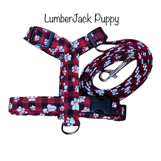 Lumberjack dog harness and leash set, Buffalo check, buffalo plaid, red, black, standard Roman harness, step in harness, adjustable harness