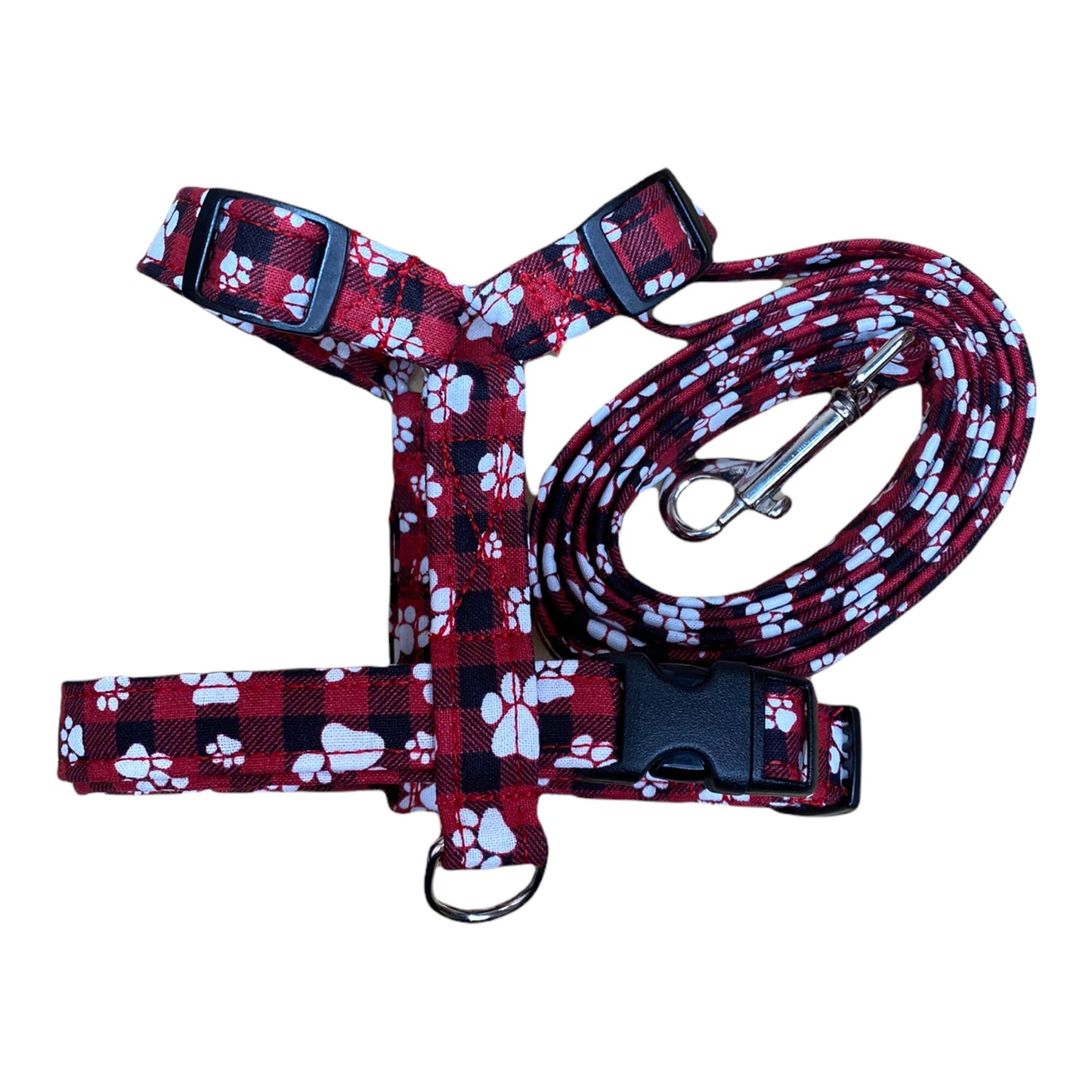 Lumberjack dog harness and leash set, Buffalo check, buffalo plaid, red, black, standard Roman harness, step in harness, adjustable harness