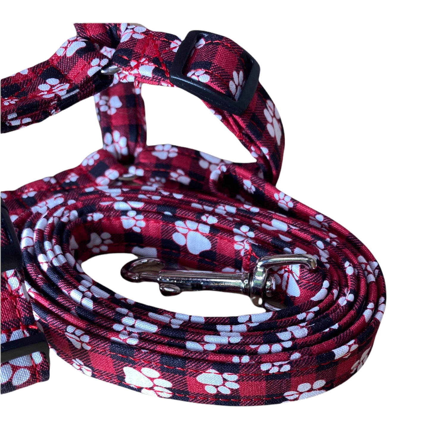 Lumberjack dog harness and leash set, Buffalo check, buffalo plaid, red, black, standard Roman harness, step in harness, adjustable harness