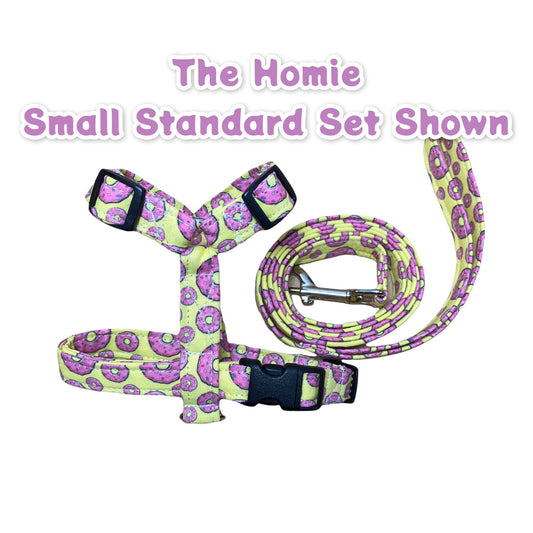 Donut harness and leash set, dog harness and leash set, standard Roman harness, step in harness, yellow, pink, adjustable, washable, donuts