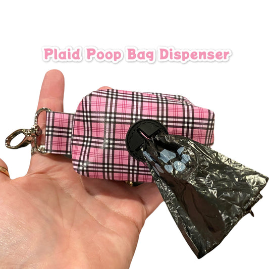 Pink Tartan Dog poop bag holder, dog waste bag holder, faux leather poop bag dispenser, dog waste bag dispenser, vegan leather poop bag