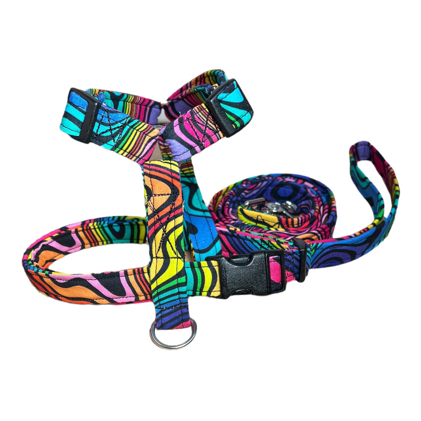 Psychedelic dog harness and leash set, standard Roman dog harness, step in dog harness, matching leash, rainbow, adjustable dog harness