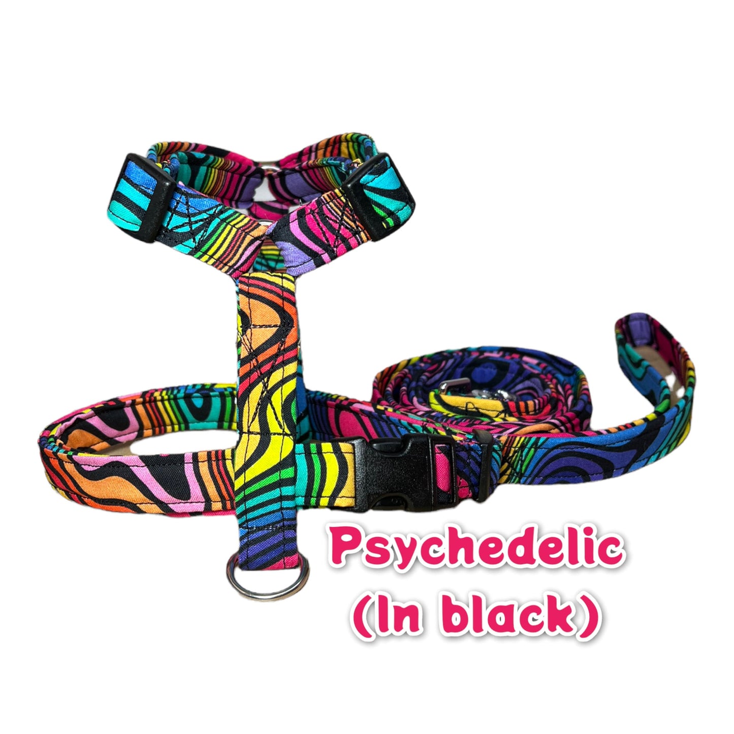 Psychedelic dog harness and leash set, standard Roman dog harness, step in dog harness, matching leash, rainbow, adjustable dog harness