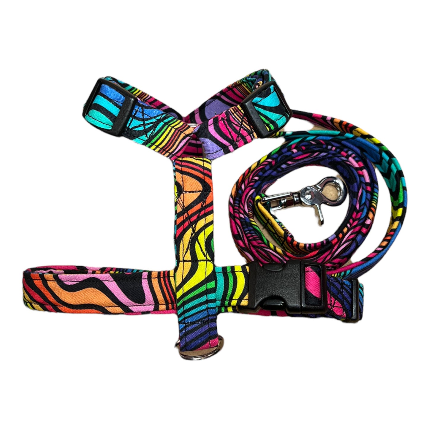 Psychedelic dog harness and leash set, standard Roman dog harness, step in dog harness, matching leash, rainbow, adjustable dog harness